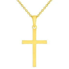 14k Solid Yellow Gold Classic Simlple Religious Cross Pendant with Rolo Cable, Cuban Curb, or Figaro Chain Necklaces