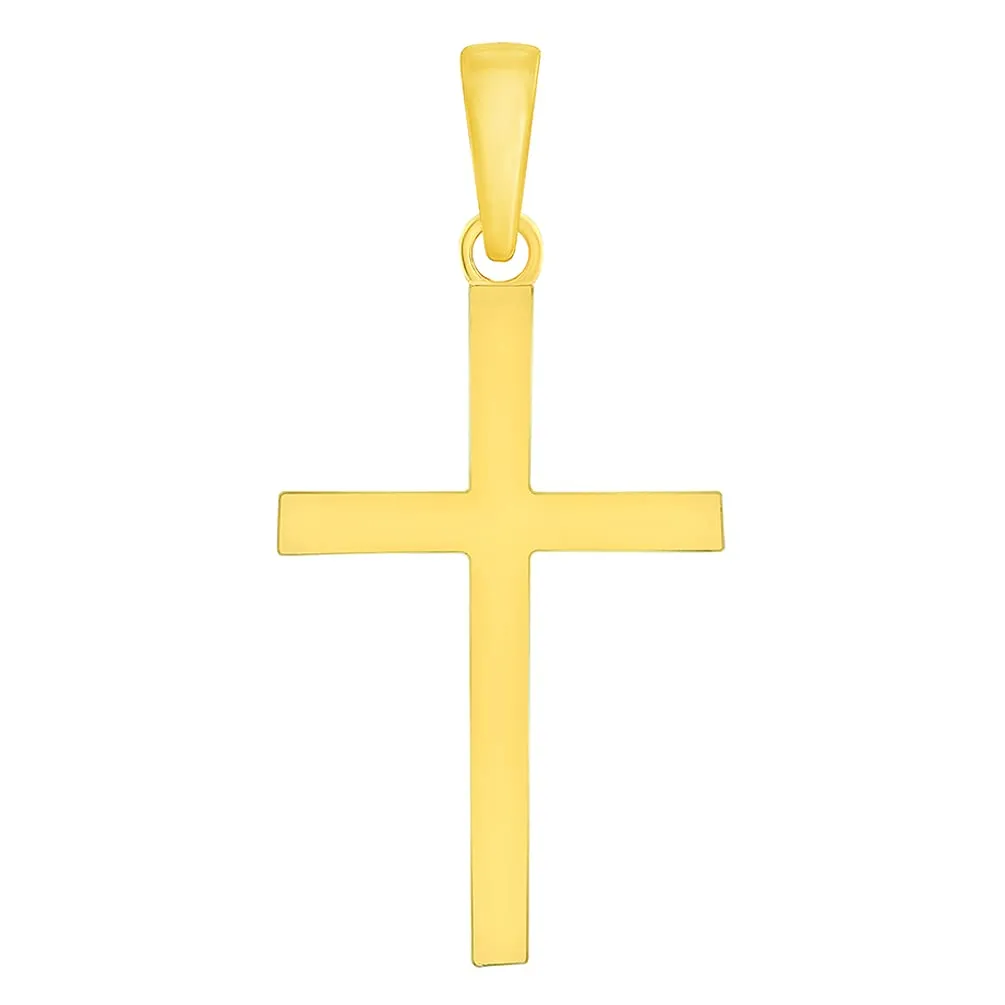 14k Solid Yellow Gold Classic Simlple Religious Cross Pendant with Rolo Cable, Cuban Curb, or Figaro Chain Necklaces