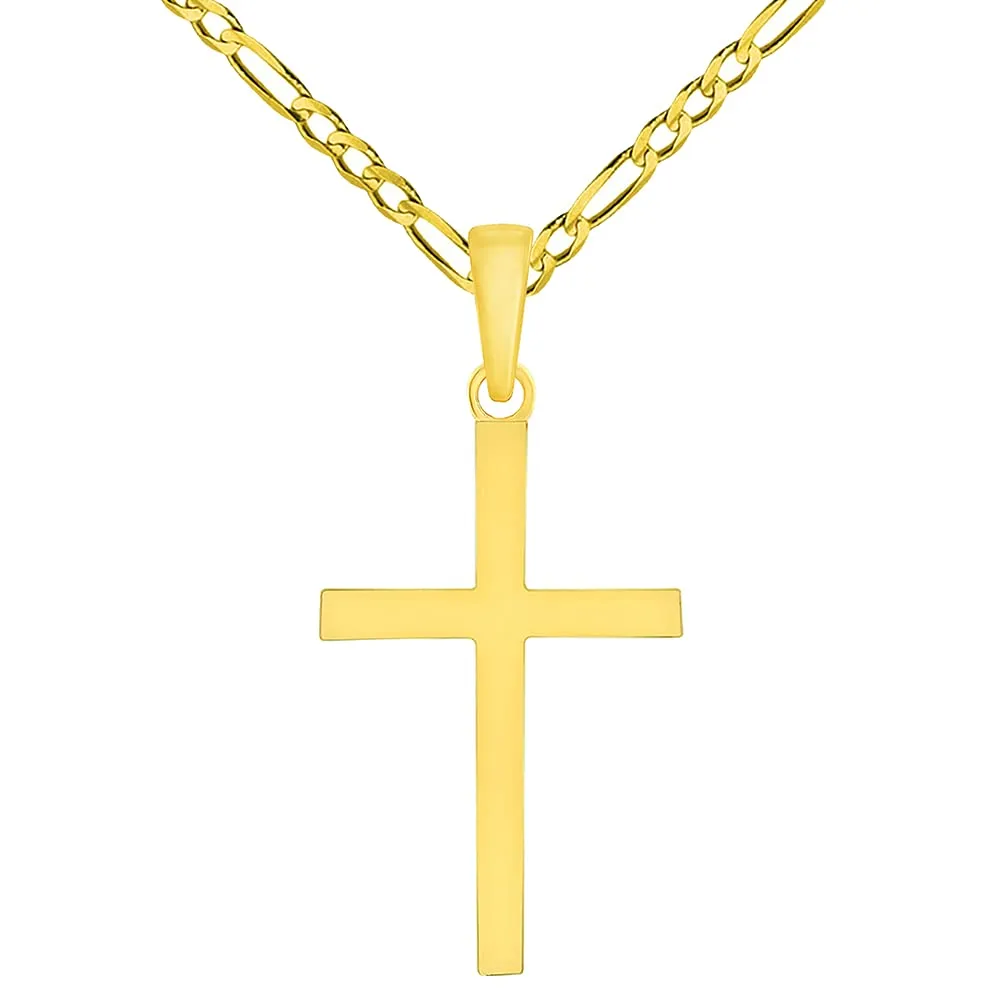 14k Solid Yellow Gold Classic Simlple Religious Cross Pendant with Rolo Cable, Cuban Curb, or Figaro Chain Necklaces