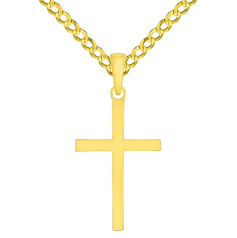 14k Solid Yellow Gold Classic Simlple Religious Cross Pendant with Rolo Cable, Cuban Curb, or Figaro Chain Necklaces