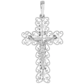 14k White Gold Fancy Filigree Religious Cross Jesus Crucifix Pendant