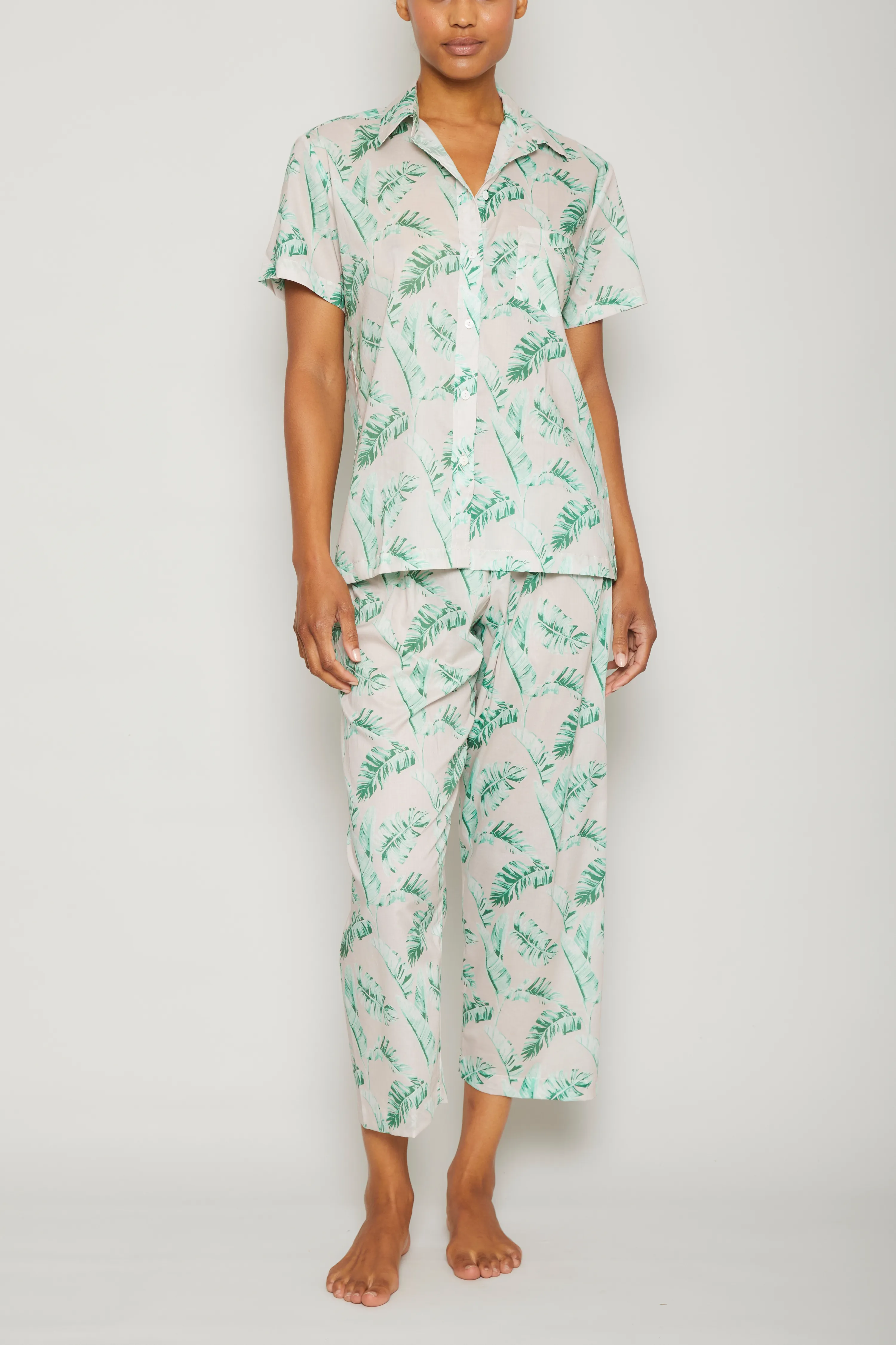 Banana Leaves Short Sleeve /Cropped Pant PJ Set - Pink