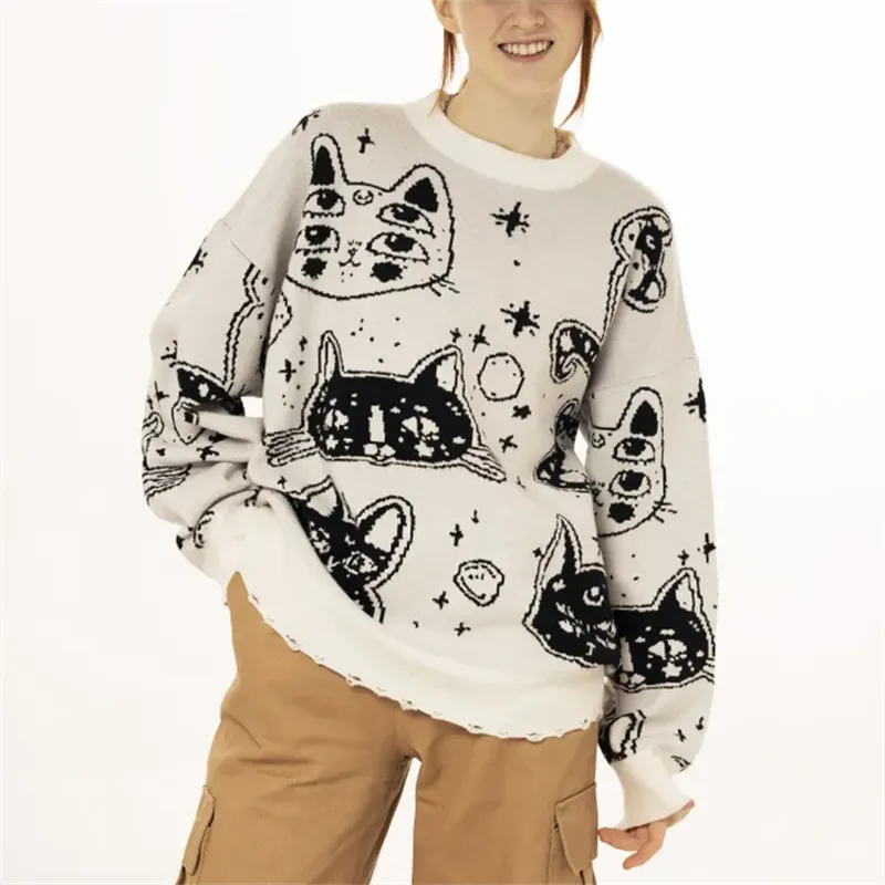 Black & White Cartoon Kitten Sweater