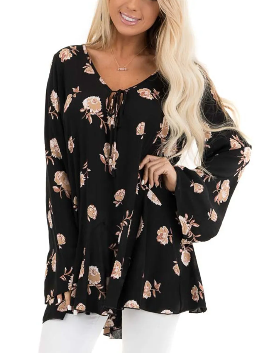 Black Floral Print Tunic Top with Long Sleeves and Front Tie