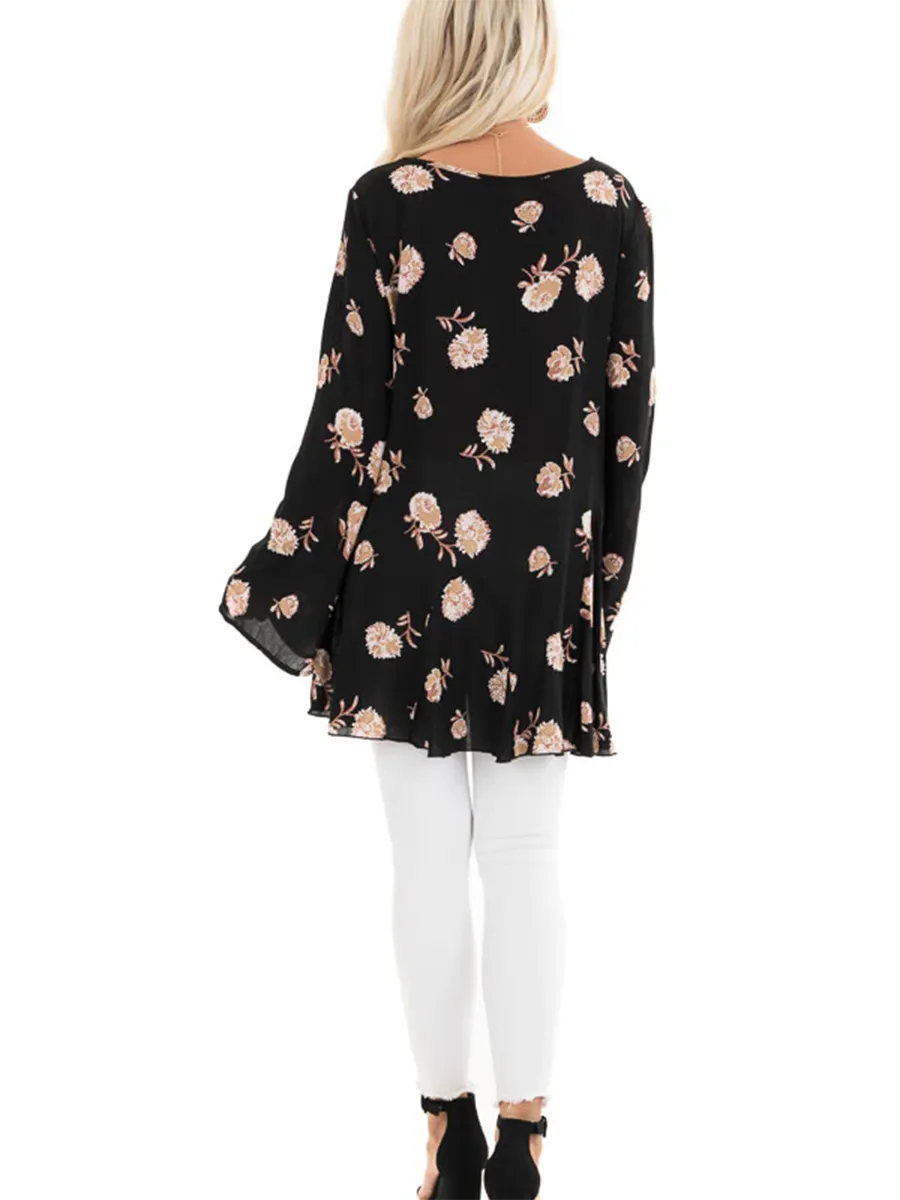 Black Floral Print Tunic Top with Long Sleeves and Front Tie