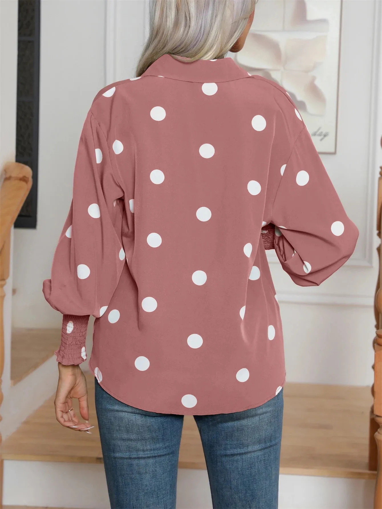 Casual Lapel Button Down Balloon Polka Dot Print Lantern Sleeve Women's Blouse