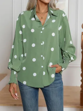 Casual Lapel Button Down Balloon Polka Dot Print Lantern Sleeve Women's Blouse