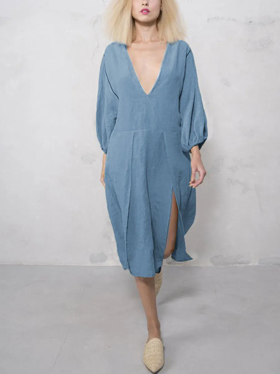 Casual Loose And Comfortable Cotton And Linen Midi Dress