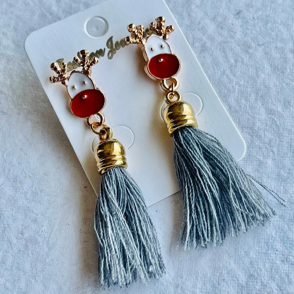 Christmas earrings accessories party wear, Grey Flowy hanging Reindeer