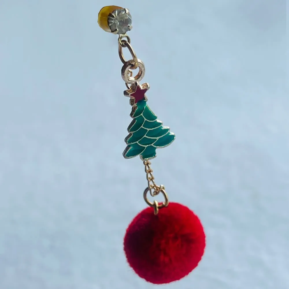 Christmas earrings accessories party wear, Red Pompom hanging with christmas Tree small