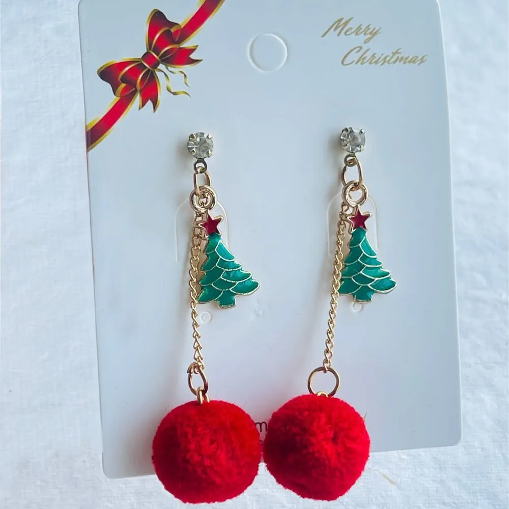 Christmas earrings accessories party wear, Red Pompom hanging with christmas Tree small