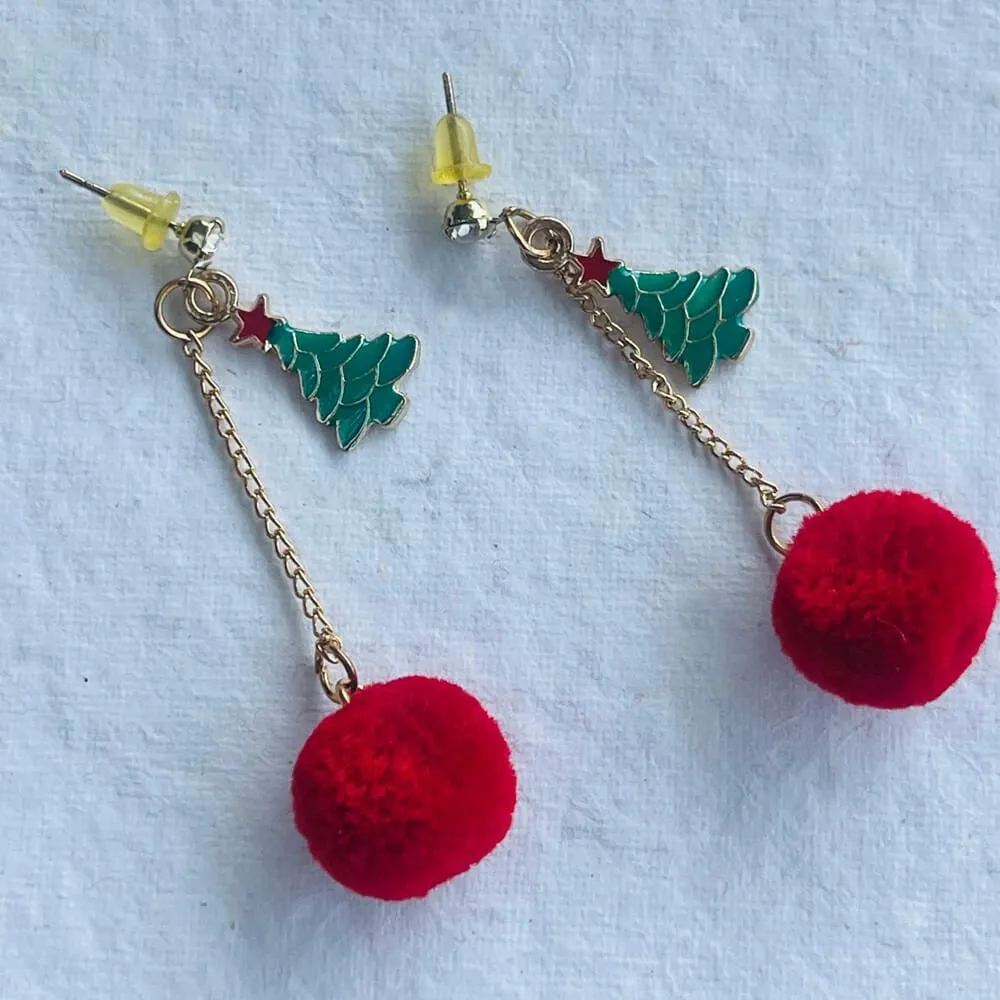 Christmas earrings accessories party wear, Red Pompom hanging with christmas Tree small