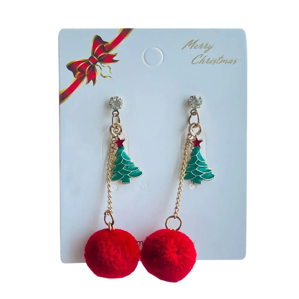 Christmas earrings accessories party wear, Red Pompom hanging with christmas Tree small