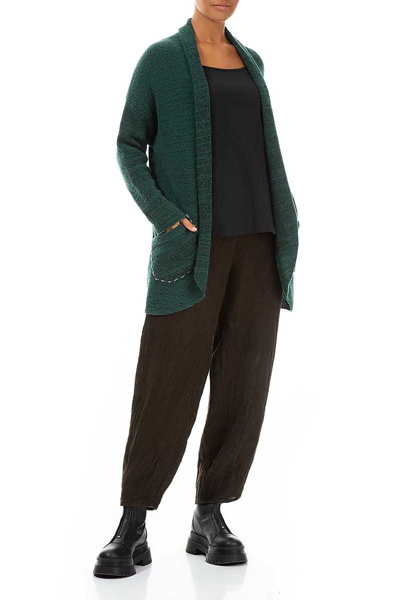 Decorated Pocket Open Green Wool Cardigan