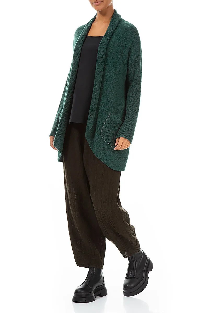 Decorated Pocket Open Green Wool Cardigan