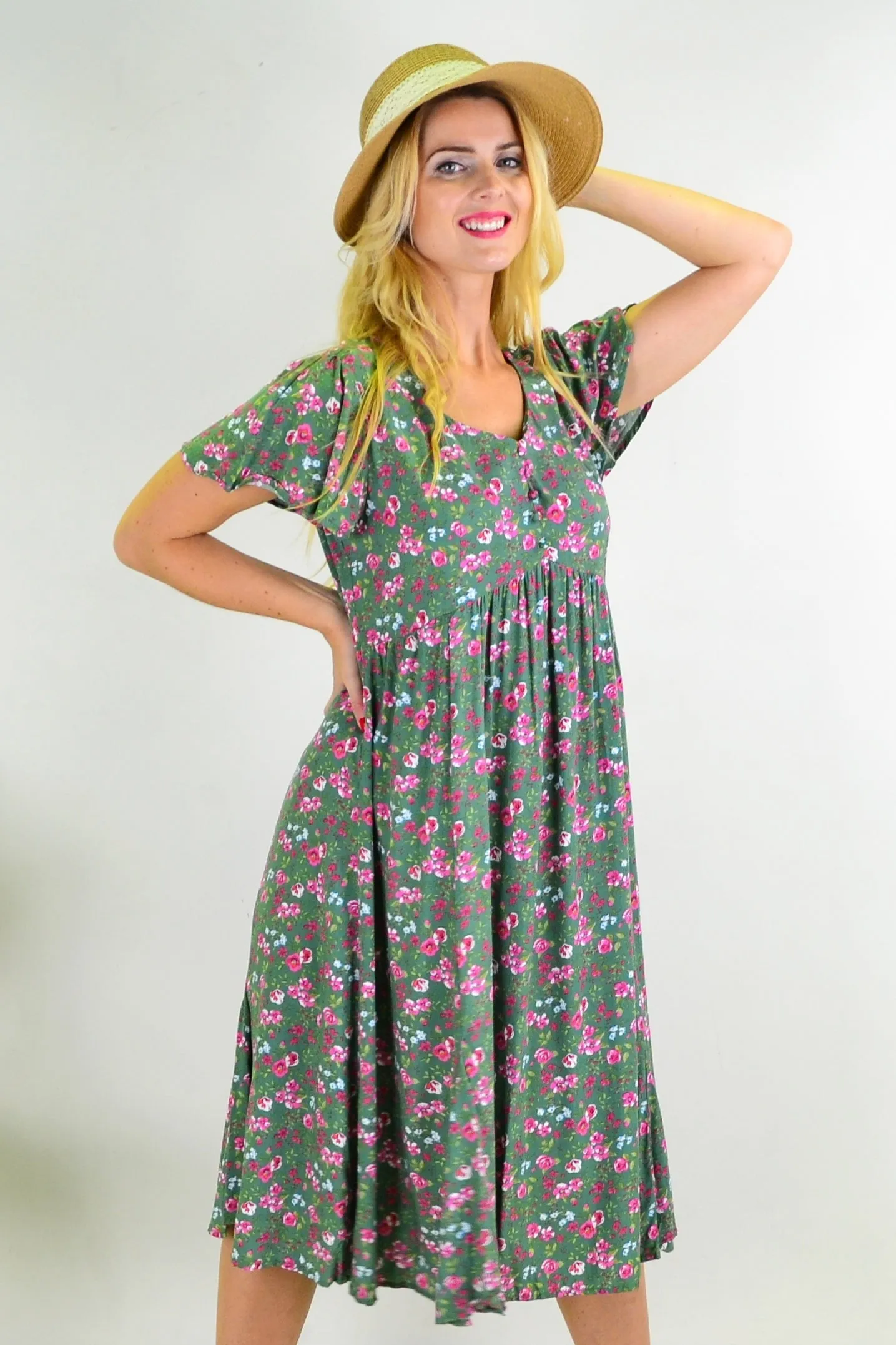 Green Floral Flutter Sleeve Shift Dress Tunic