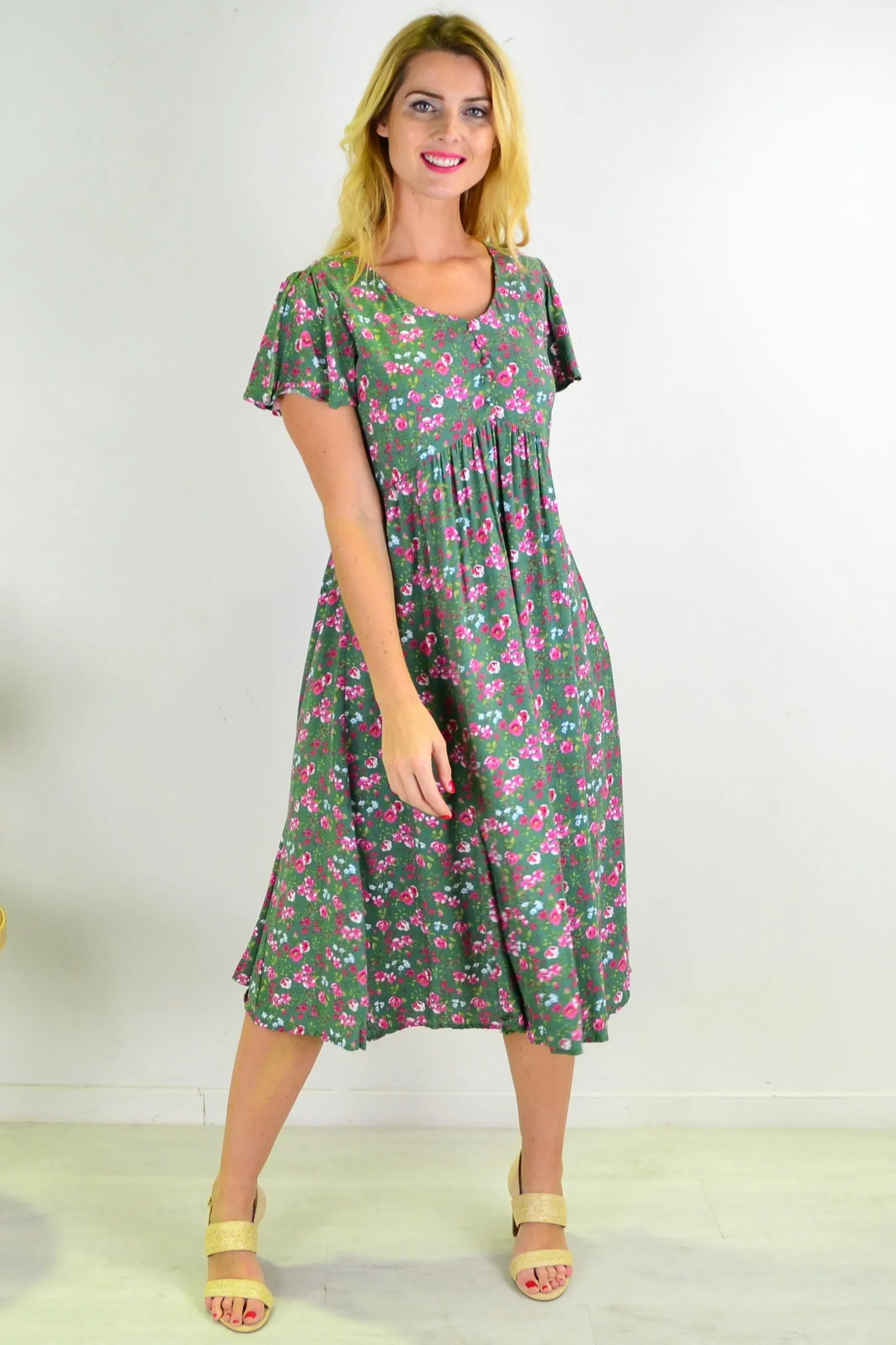 Green Floral Flutter Sleeve Shift Dress Tunic