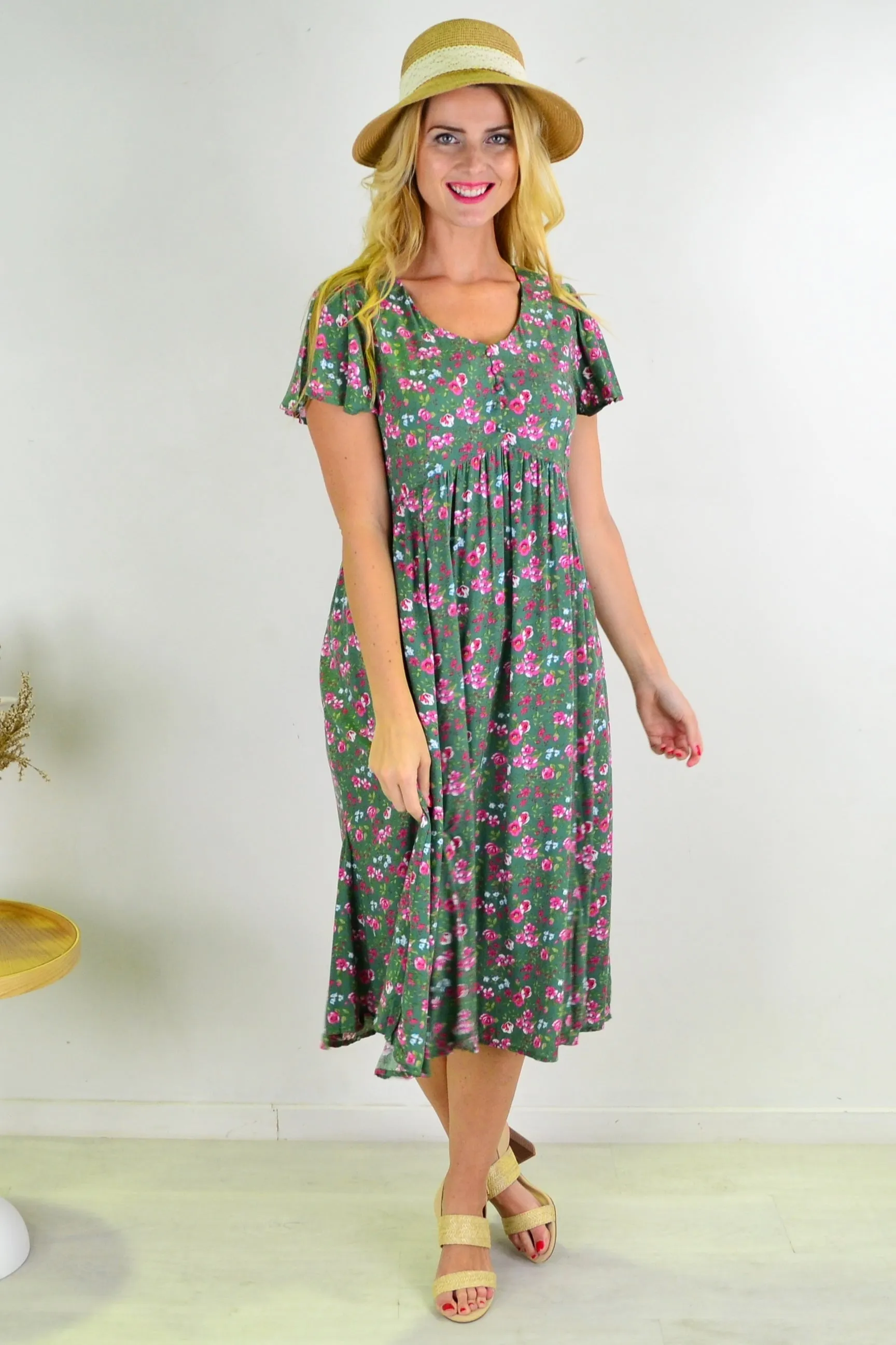 Green Floral Flutter Sleeve Shift Dress Tunic