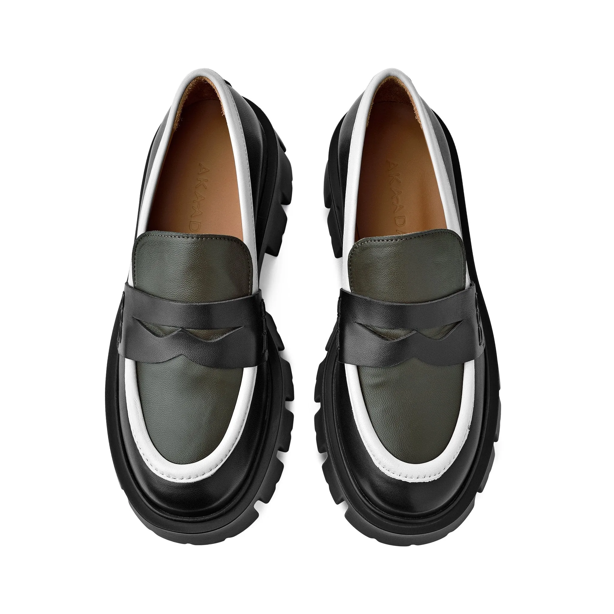 Mikki Black Khaki Leather Chunky Loafers