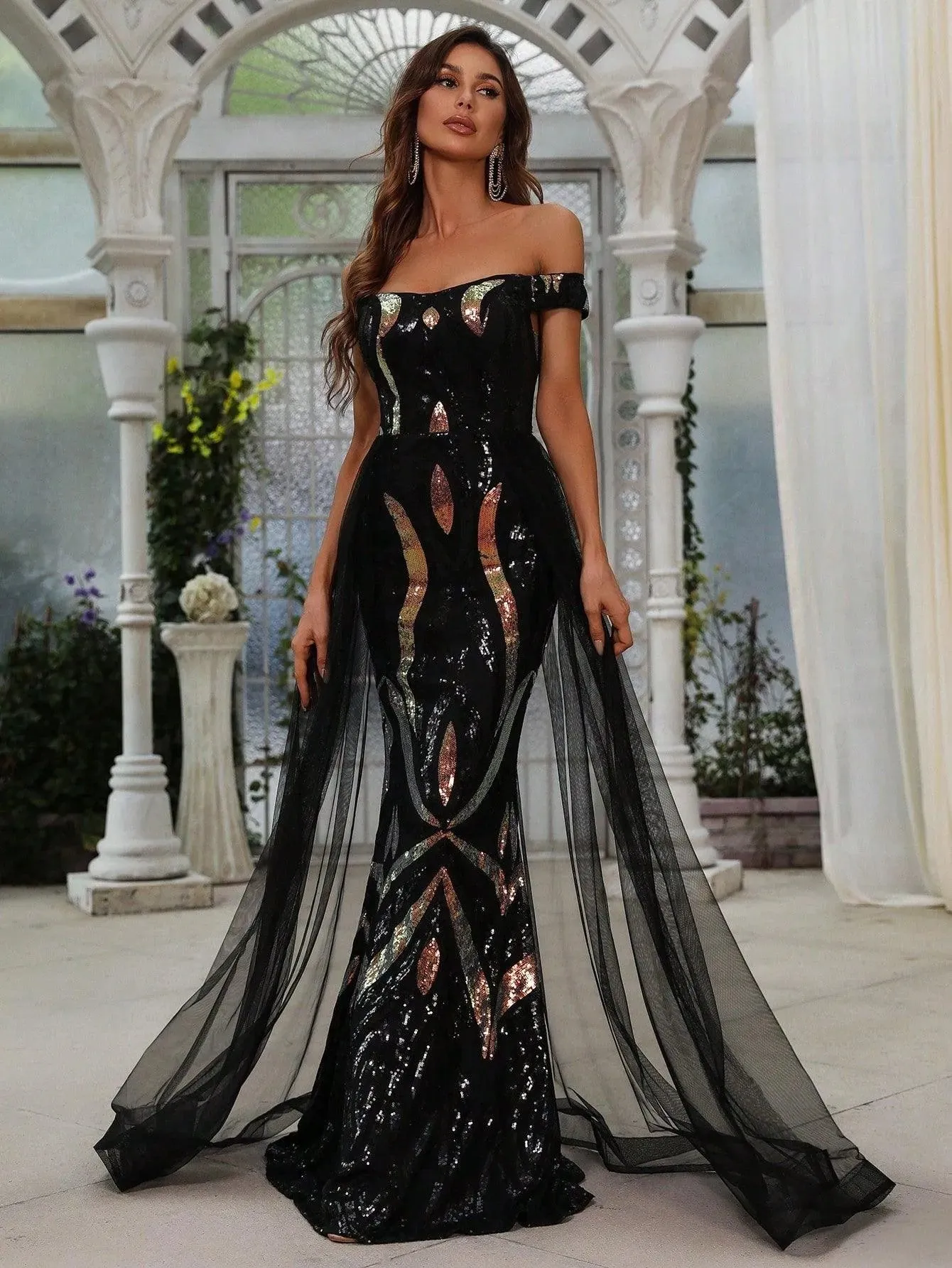 Off Shoulder Sequin Mermaid Hem Prom Dress