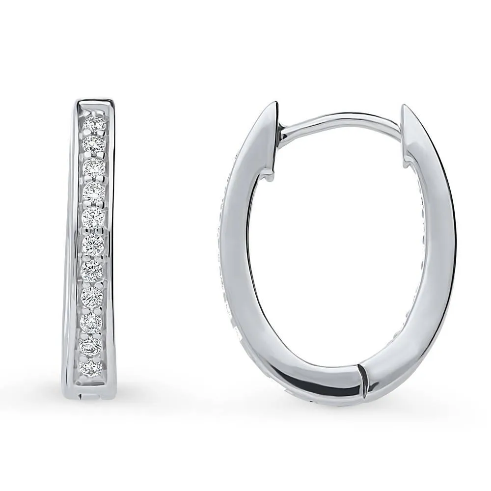 Oval Bar CZ Medium Hoop Earrings in Sterling Silver 0.65