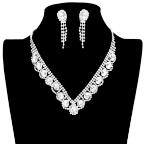 Oval Stone Accented V Shaped Rhinestone Necklace Earring Set