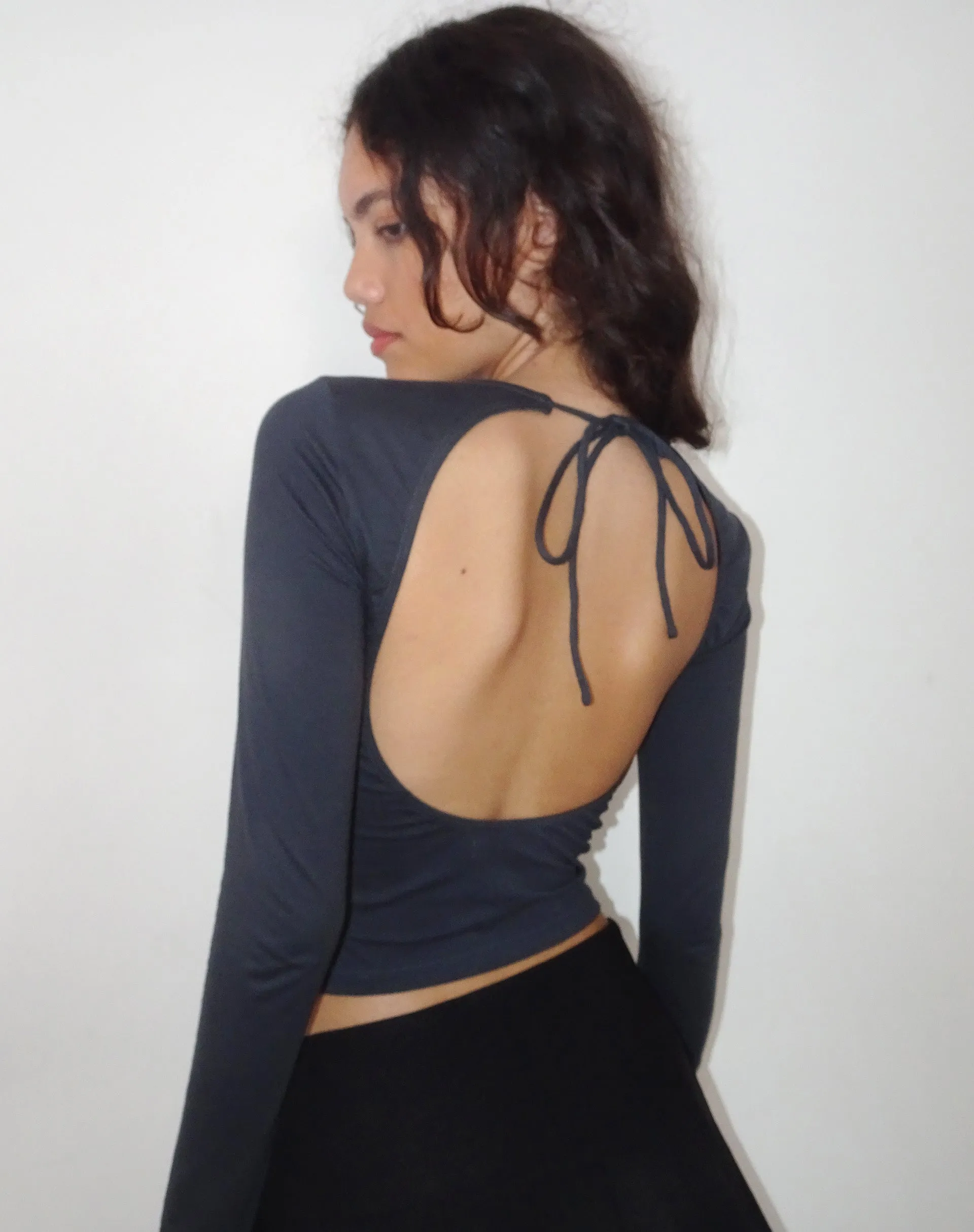 Ratmi Long Sleeve Open Back Top in Ocean Storm