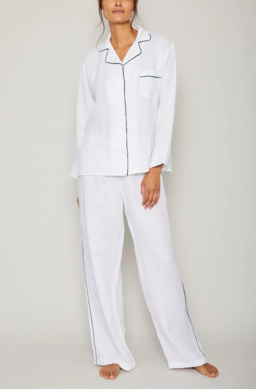 Sport Linen PJ Set - Piped in Navy