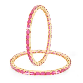 Yellow Chimes Classic Pink AD/American Diamond Studded 18k Gold Plated Designer Oval 2 PCs Handcrafted Bangles Set for Women & Girls (2.4)